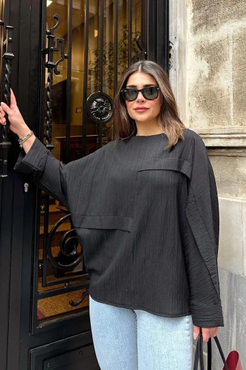 Kadın siyah Duble Geniş Manşet, Yarasa Kol, Süs Cep Detaylı, Salaş Bluz