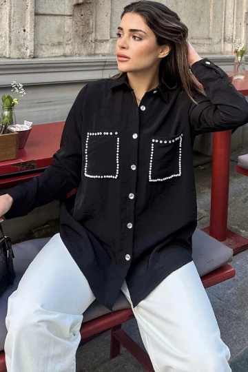 Kadın Siyah İnci Süslemeli, Çift Cep Detaylı, Arkası Pliseli, Terletmez, Kupra Kumaş, Salaş Gömlek