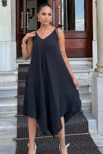 Kadın Siyah İthal Müslin Kumaş, İp Askılı, Asimetrik Kesim, Terletmez, Salaş Tulum