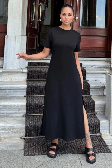 Kadın Siyah Kısa Kol, Bisiklet Yaka, Omzu Düğmeli, Çift Yırtmaçlı, Basic Uzun Elbise