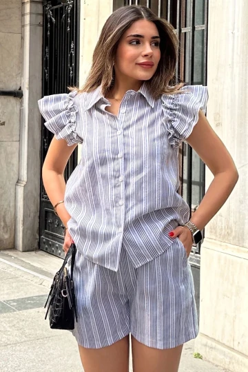 Kadın Siyah Kısa Kol, Omuzları Flare Fırfır Tasarımlı, Terletmez, Çizgi Desenli Fisto Gömlek