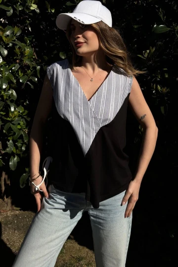 Kadın Siyah Kruvaze V Yaka, Kolsuz, Color Block, Salaş Bluz