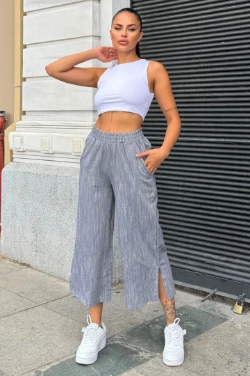 Kadın Siyah Lastikli Yüksek Bel, Cepli, Yırtmaçlı, Geniş Paça, Salaş Keten Kapri Pantolon