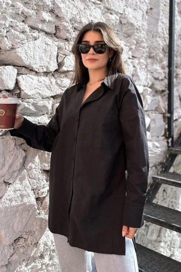 Kadın siyah Terikoton Kumaş, Yırtmaçlı, Rahat Uzun Gömlek