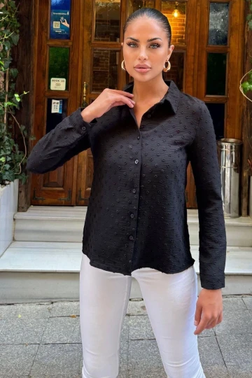 Kadın Siyah Terletmez Ponponlu Özel Kumaş, Fit Kesim, Uzun Kollu Gömlek
