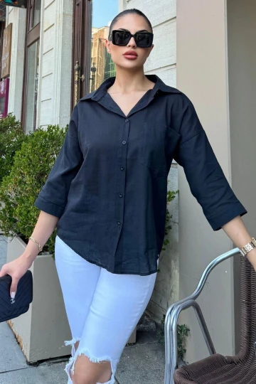 Kadın Siyah Truvakar Kol, Oval Kesim, Terletmez, Flamlı Keten Salaş Gömlek