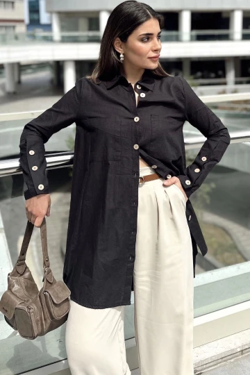 Kadın Siyah Uzun Kol, Ahşap Düğme Detaylı, Arkası Pliseli, Salaş Ve Uzun, Pamuklu Tunik Gömlek