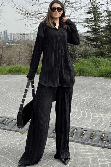Kadın Siyah Uzun Tunik Gömlek & Beli Lastikli, Bol Paça Pantolon - Salaş Bürümcük Takım