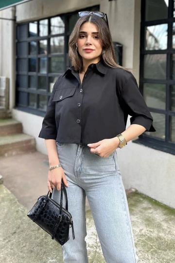 Kadın siyah Yarım Kol, Cep Ve Kol Detaylı, Terikoton Kumaş, Crop Gömlek