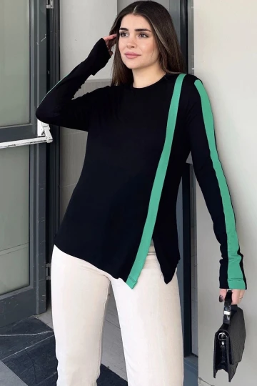 Kadın Siyah Yuvarlak Yaka, Uzun Kol, Şerit Detaylı, Yırtmaçlı Rahat Bluz