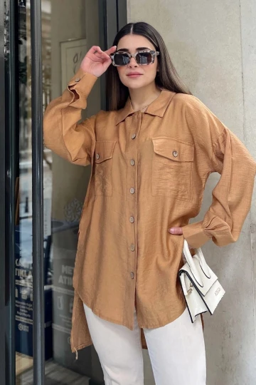 Kadın taba Balon Kol, Pileli, Yırtmaçlı, Oversize, Keten Tunik Gömlek