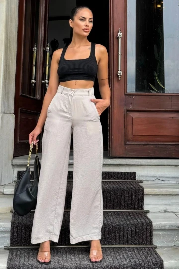 Kadın Taş Yüksek Bel, Cepli, Bol Paça Pantolon