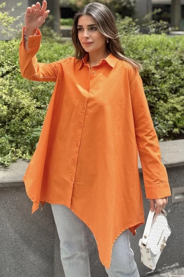 Kadın Turuncu Asimetrik Kesim, Uzun Kollu, Pamuklu Salaş Tunik Gömlek