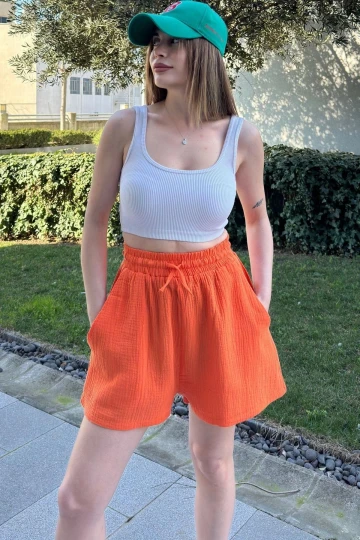 Kadın Turuncu Cepli, Bağcıklı, Beli Lastikli, Salaş Müslin Şort