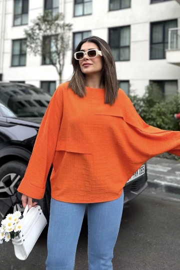 Kadın turuncu Duble Geniş Manşet, Yarasa Kol, Süs Cep Detaylı, Salaş Bluz
