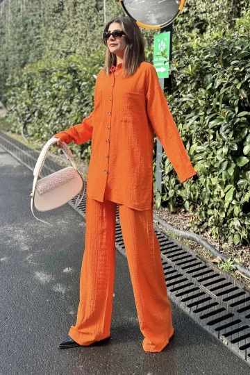 Kadın turuncu Gofre Kumaş, Çift Cepli Gömlek & Bol Paça Pantolon - Salaş Alt & Üst Takım