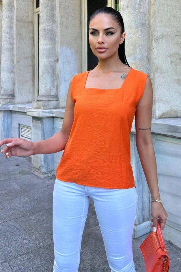 Kadın Turuncu Kalın Askılı, Kare Yaka, Salaş Keten Bluz
