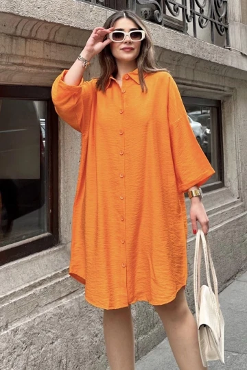 Kadın Turuncu Katlamalı Yarım Kol, Eteği Oval Kesim, Midi Boy, Salaş Keten Gömlek Elbise