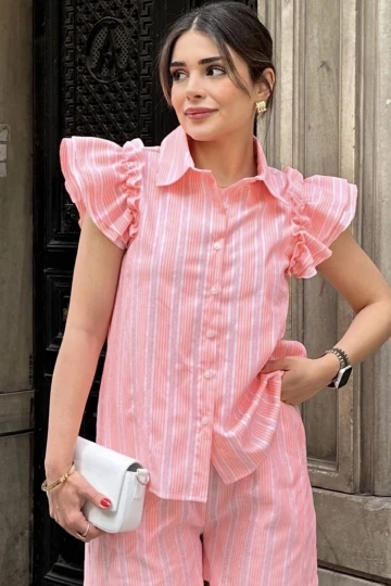 Kadın Turuncu Kısa Kol, Omuzları Flare Fırfır Tasarımlı, Terletmez, Çizgi Desenli Fisto Gömlek