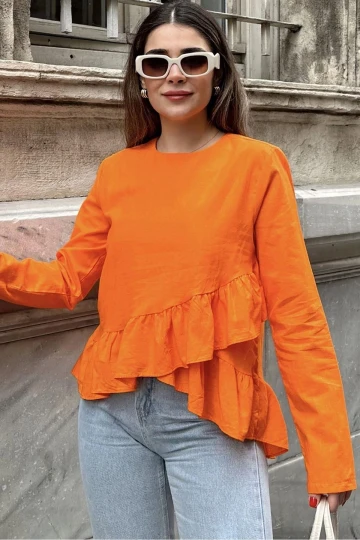Kadın Turuncu Önü Fırfırlı, Yuvarlak Yaka, Arkası Uzun Pamuklu Salaş Bluz