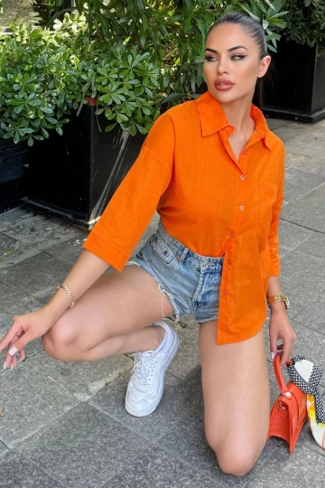 Kadın Turuncu Truvakar Kol, Oval Kesim, Terletmez, Flamlı Keten Salaş Gömlek