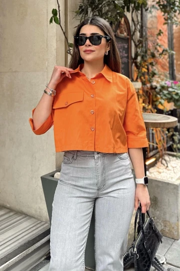Kadın turuncu Yarım Kol, Cep Ve Kol Detaylı, Terikoton Kumaş, Crop Gömlek
