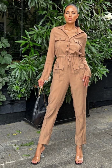 Kadın Vizon Uzun Kol, Gömlek Yaka, Cepli, Kemerli, Airobin Safari Tulum