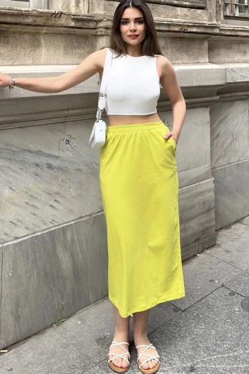 Kadın Yağ Yeşili Beli Lastikli, Rahat Kalıp, Cepli Uzun Etek