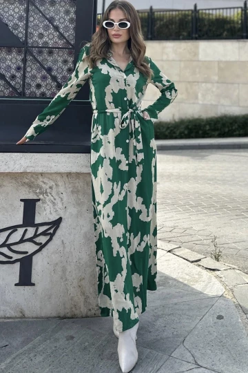 Kadın Yeşil & Bej Uzun Kol, Kuşaklı, Yırtmaçlı, Uzun Viskon Gömlek Elbise (Dar Kalıp)