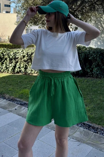 Kadın Yeşil Cepli, Bağcıklı, Beli Lastikli, Salaş Müslin Şort