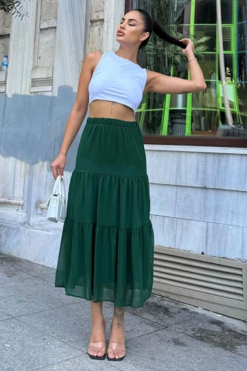 Kadın Yeşil Kat Kumaşlı, Rahat Kesim, Bel Lastikli, Uzun Şifon Etek