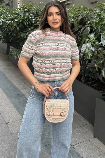 Kadın Yeşil Kısa Kol, Terletmez, Salaş Kalıp, Triko Örme Bluz