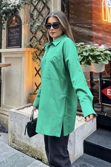 Kadın yeşil Terikoton Kumaş, Yırtmaçlı, Rahat Uzun Gömlek