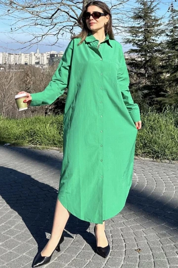 Kadın Yeşil Uzun Kol, Eteği Oval Kesim, Uzun Ve Salaş, Poplin Gömlek Elbise