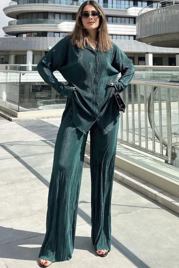 Kadın Zümrüt Yeşil Uzun Tunik Gömlek & Beli Lastikli, Bol Paça Pantolon - Salaş Bürümcük Takım