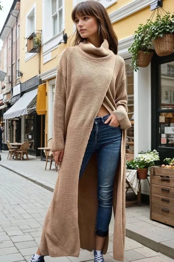 Kahve Boğazlı, Çapraz Yırtmaç Detaylı, Salaş Ve Uzun Panço Triko Elbise