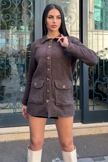 Kahve Çift Cepli, Yumuşak Dokulu Uzun Kaşe Ceket