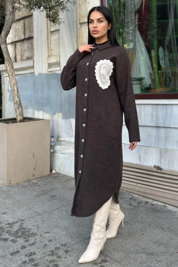 Kahve Çift Taraflı Yumoş Dokulu, Aplike Detaylı, Duble Kaşe Gömlek Elbise