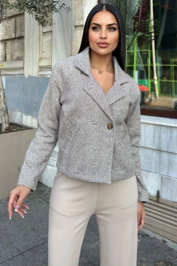 Kahve Kruvaze Yaka, Çift Düğme, Rahat Kalıp, Fitilli Kaşe Kumaş Ceket