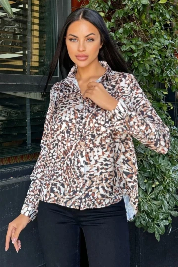 Kahve Leopar Desenli, Uzun Kol, Klasik Kesim, Saten Gömlek