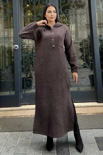 Kahverengi Çift Taraflı Kapüşonlu, Yırttmaç Detaylı, Duble Yumoş Kaşe Uzun Elbise