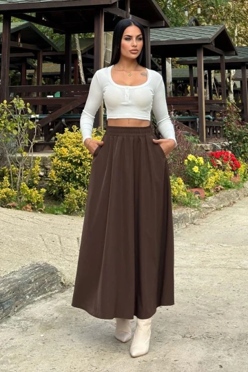 Kahverengi Lastikli Yüksek Bel, A Kesim, Dökümlü Ve Salaş, Uzun Kupra Etek