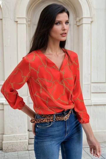 Kırmızı V Yaka, Zincir Desenli, Uzun Kollu, Klasik Kesim Bluz