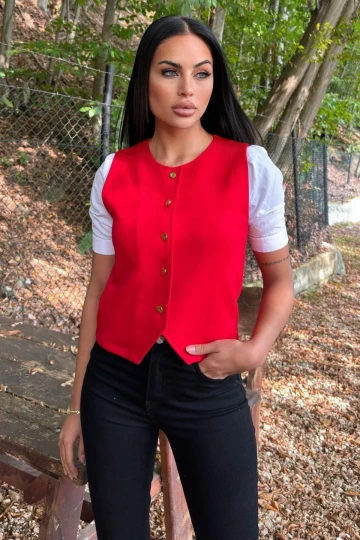 Kırmızı Yuvarlak Yaka, Gold Düğmeli, Scuba Yelek