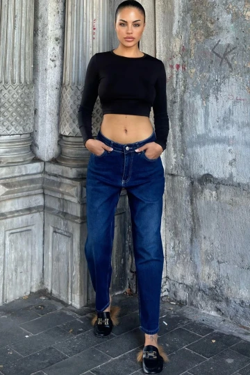 Koyu Mavi Yüksek Bel, Mom Jean Kot Pantolon