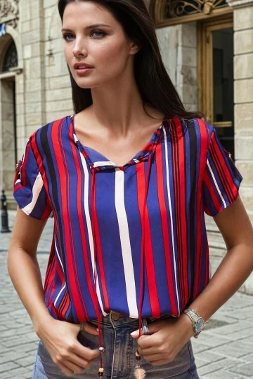 Lacivert Kasik Kesim, Dik Çizgili, Bluz