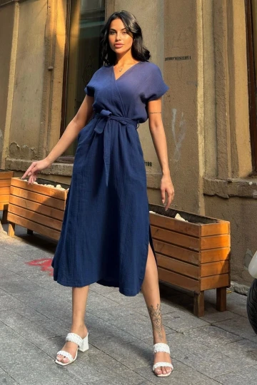 Lacivert Kruvaze Yırtmaçlı Pamuklu Uzun Elbise