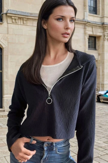 Lacivert Yarım Fermuarlı, Kapüşonlu, Casual Bluz