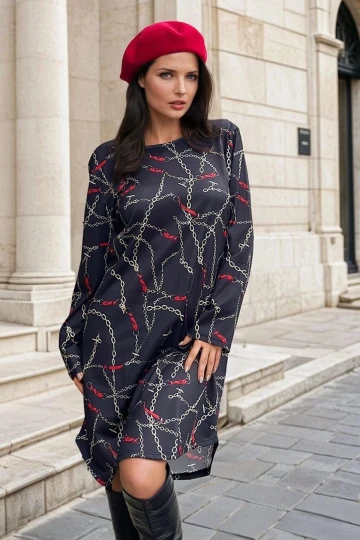 Lacivert Yuvarlak Yaka, Zincir Desenli, Midi Elbise