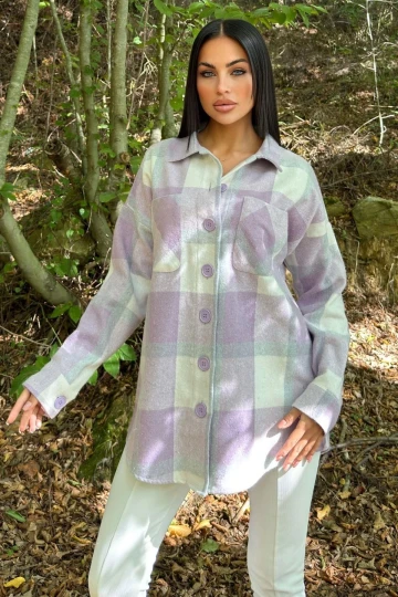 Lila Çift Cepli, Ekose Desenli, Rahat Kalıp, Salaş Kaşe Gömlek